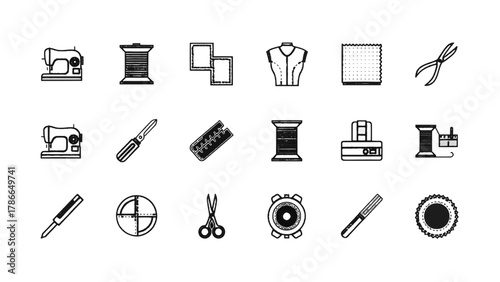 Vector illustration of sewing and tailoring tools icons on a white background