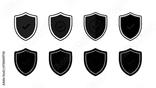 Vector illustration of set of shield icons with checkmark symbol indicating security and protection on a white background