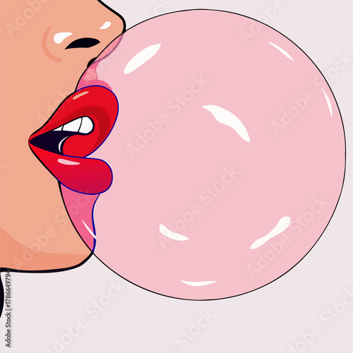 Playful Woman Blowing Large Pink Bubble Gum Bubble - Pop Art Style