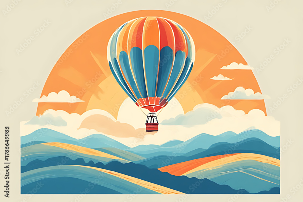 Fototapeta premium A colorful hot air balloon floats above a landscape with hills, clouds, and a rising sun in the background.