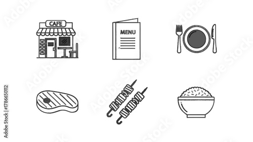 Vector illustration of set of six simple line art icons related to food and dining on a white background