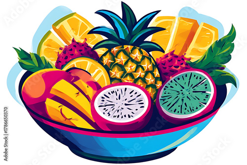 A colorful bowl filled with a variety of tropical fruits, including pineapple, dragon fruit, mango, and citrus slices.