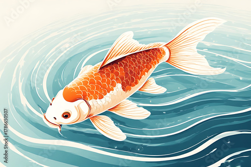 An orange and white koi fish swims through rippling blue water.