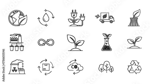 Vector illustration of set of ecofriendly icons representing sustainability and green energy on a white background