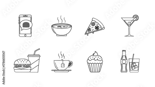 Vector illustration of collection of food and drink icons including fast food and beverages on a white background