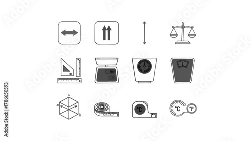 Vector illustration of set of measurement and weighing icons including scales and rulers on a white background