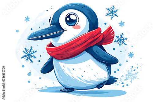 Cute cartoon penguin wearing a red scarf surrounded by snowflakes on a white background.