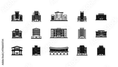 Vector illustration of collection of building icons in a simple line art style on a white background