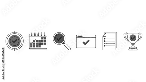 Vector illustration of set of outline icons for checklist, calendar, search, and trophy on a white background