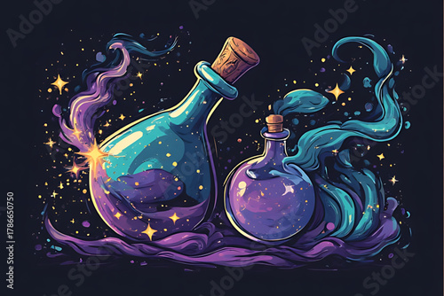 Two potion bottles with corks emit colorful smoke and sparkles against a dark background.