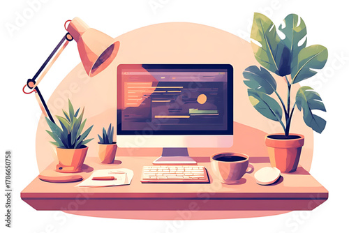 A stylized workspace featuring a computer, keyboard, plants, lamp, coffee cup, and papers on a desk.