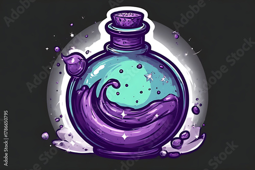Stylized illustration of a potion bottle with swirling purple liquid and a light blue background, sealed with a cork.