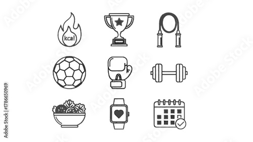 Vector illustration of set of fitness and sport icons including trophy and healthy food on a white background