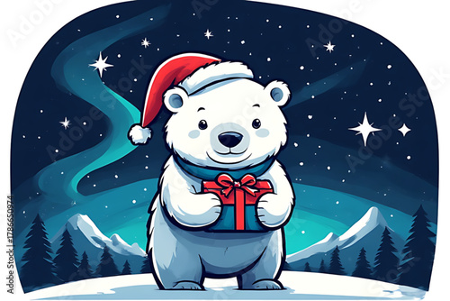 A cute polar bear wearing a Santa hat holds a Christmas gift.