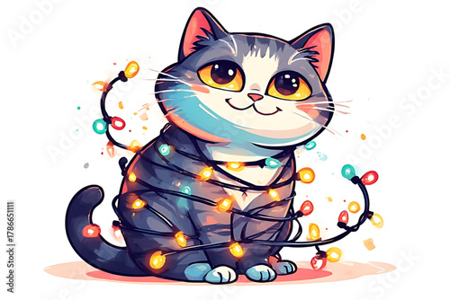 A cartoon cat with gray stripes is wrapped in colorful Christmas lights, sitting with a cheerful expression.
