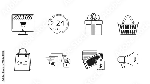 Vector illustration of set of ecommerce and shopping icons on a white background