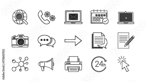 Vector illustration of collection of business and communication icons on a white background