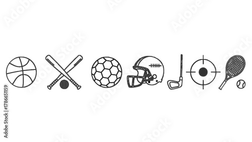 Vector illustration of collection of sports equipment icons in a handdrawn sketch style on a white background