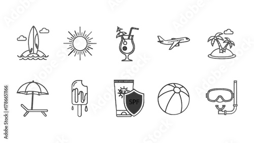 Vector illustration of assortment of summer vacation icons in a handdrawn sketch style on a white background