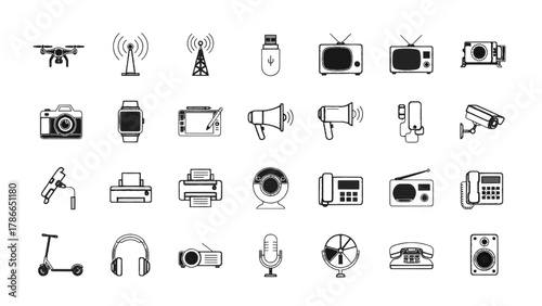Vector illustration of collection of technology and gadget icons on a white background