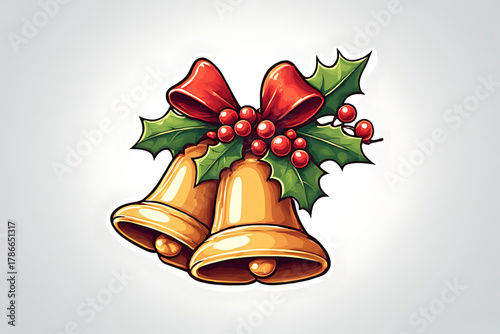Two golden bells decorated with a red bow, holly leaves, and red berries.