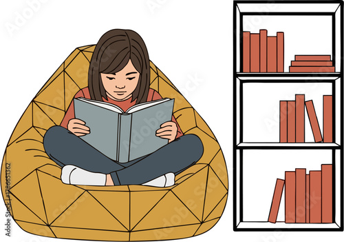 A young woman sits cross-legged in a yellow beanbag chair, engrossed in reading a book, with a bookshelf filled with books nearby.