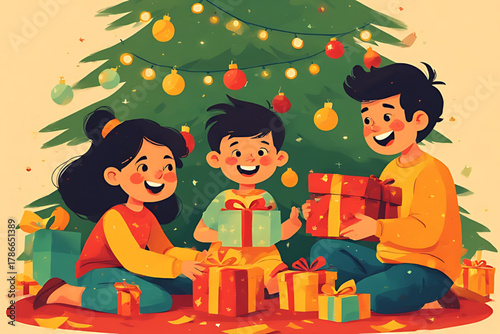 A family of three sits near a Christmas tree, happily opening gifts.