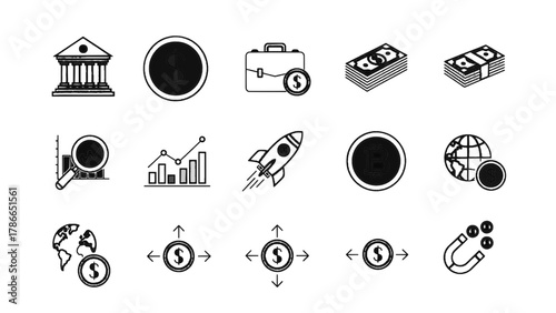 Vector illustration of financial icons including bank, money, investment, and cryptocurrency on a white background