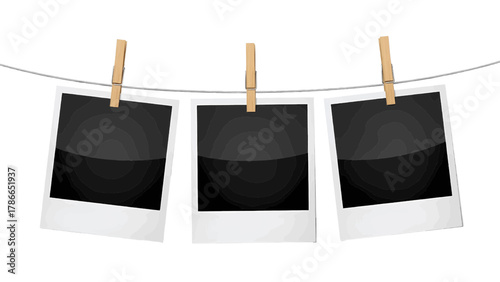 Vector illustration of three instant photo frames hanging on a string with clothespin on a white background