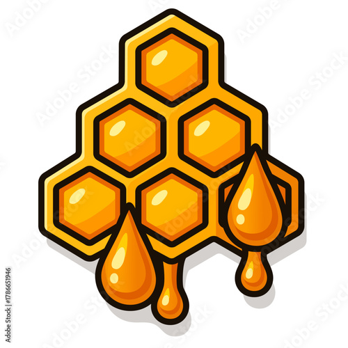 Cartoon Honeycomb Icon with Honey Drops, Bee Hive Vector Illustration