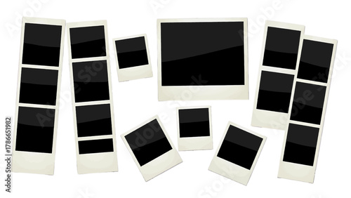 Vector illustration of collection of various blank instant photo frames scattered on a white background