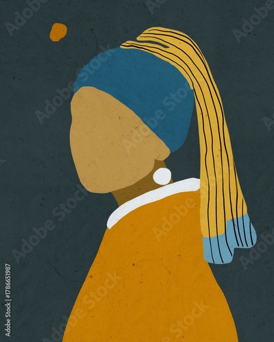 Φωτογραφία Girl with a Pearl Earring modern abstract illustration, hand-drawn minimal reint
