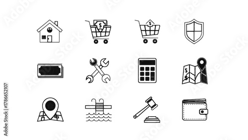 Vector illustration of collection of handdrawn icons representing finance, real estate, and services on a white background