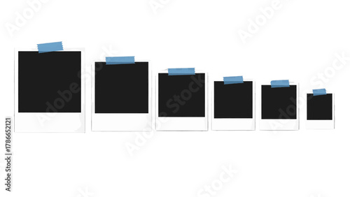 Vector illustration of set of blank instant photo frames of varying sizes, taped to a transparent background