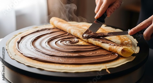 A person preparing a warm, sweet crepe by spreading rich chocolate filling on a griddle