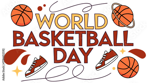 Celebrate world basketball day with fun vector graphics featuring basketballs and sneakers for sports fans