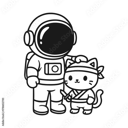 Astronaut with ninja cat. Hand-drawn coloring pages
