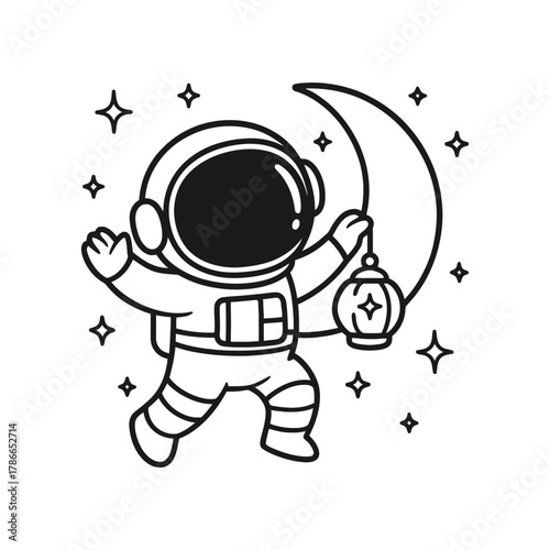 Astronaut carrying a lantern. Hand-drawn coloring pages