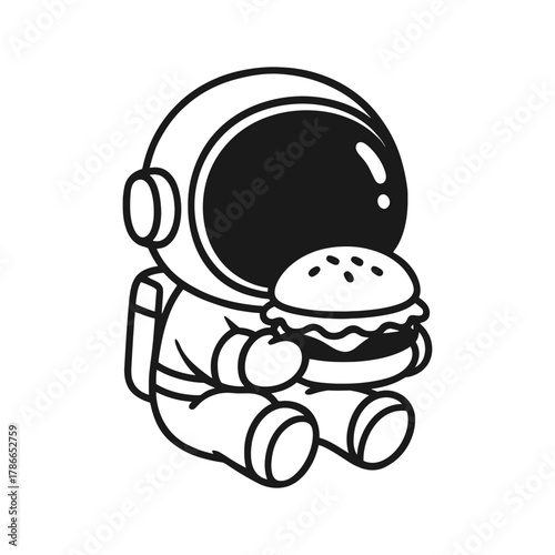 An astronaut is eating a burger. Hand-drawn coloring pages