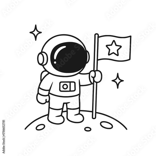 Astronaut carrying a flag. Hand-drawn coloring pages