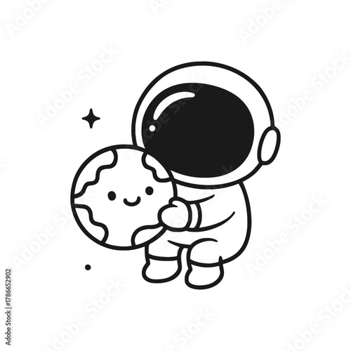 Astronaut playing with earth ball. Hand-drawn coloring pages