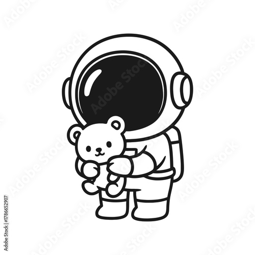 Astronaut carrying a teddy bear. Hand-drawn coloring pages