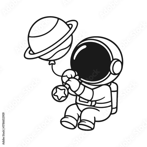Astronauts carrying planet-shaped balloons. Hand-drawn coloring pages
