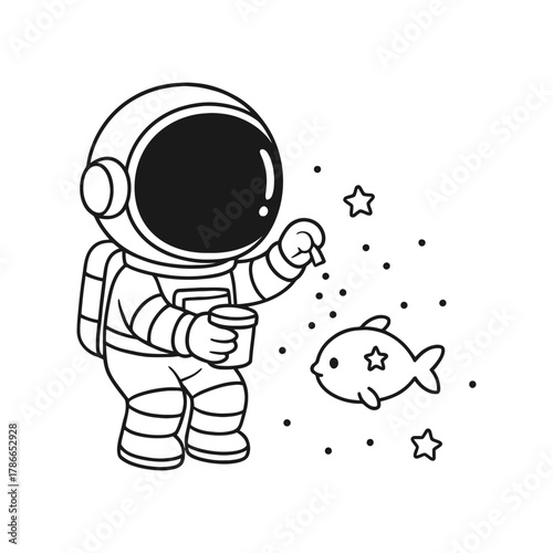 Astronaut feeding fish. Hand-drawn coloring pages
