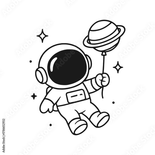 Astronaut floating with balloon. Hand-drawn coloring pages