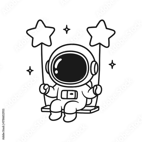 Astronaut sitting on a swing. Hand-drawn coloring pages