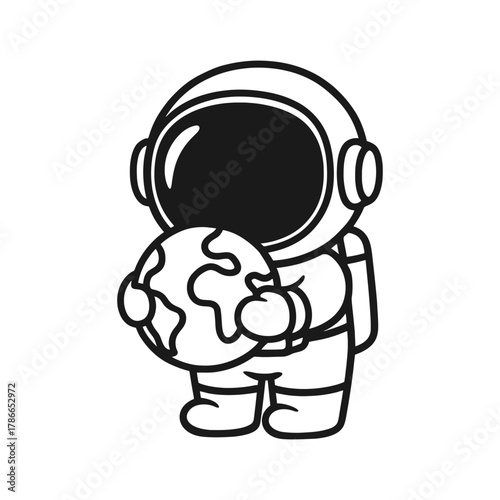 Astronaut playing with earth ball. Hand-drawn coloring pages