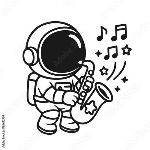 Astronaut playing the saxophone. Hand-drawn coloring pages