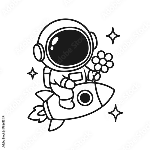 Astronaut sitting in a rocket. Hand-drawn coloring pages