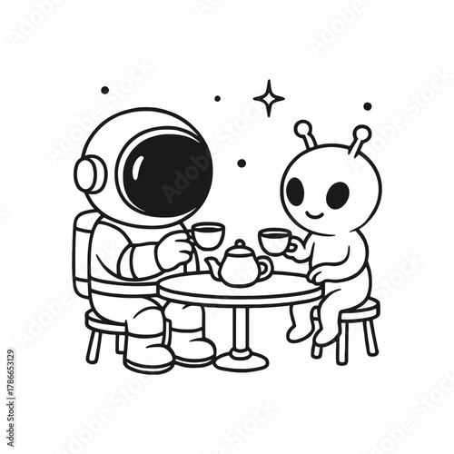 Astronauts with aliens. Hand-drawn coloring pages